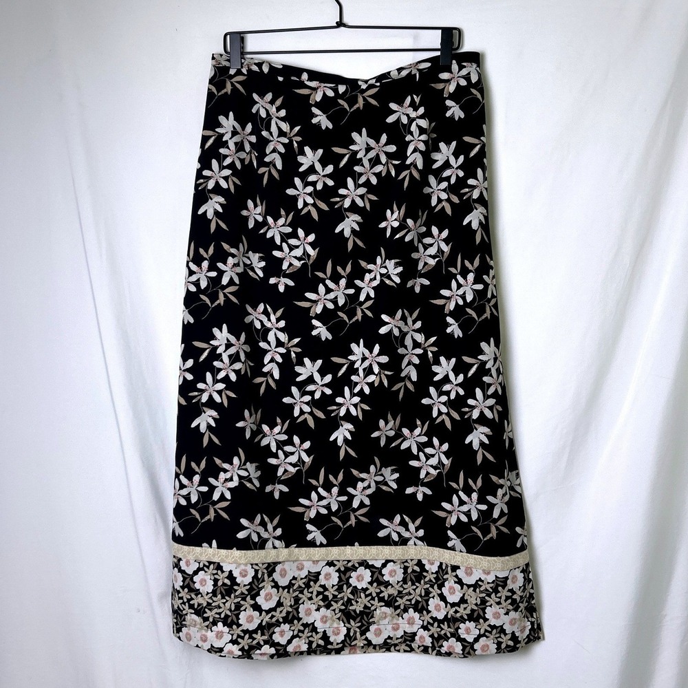 CJ Banks Womens Floral Print Border Trim Maxi Skirt Size 16W Black Modest Office